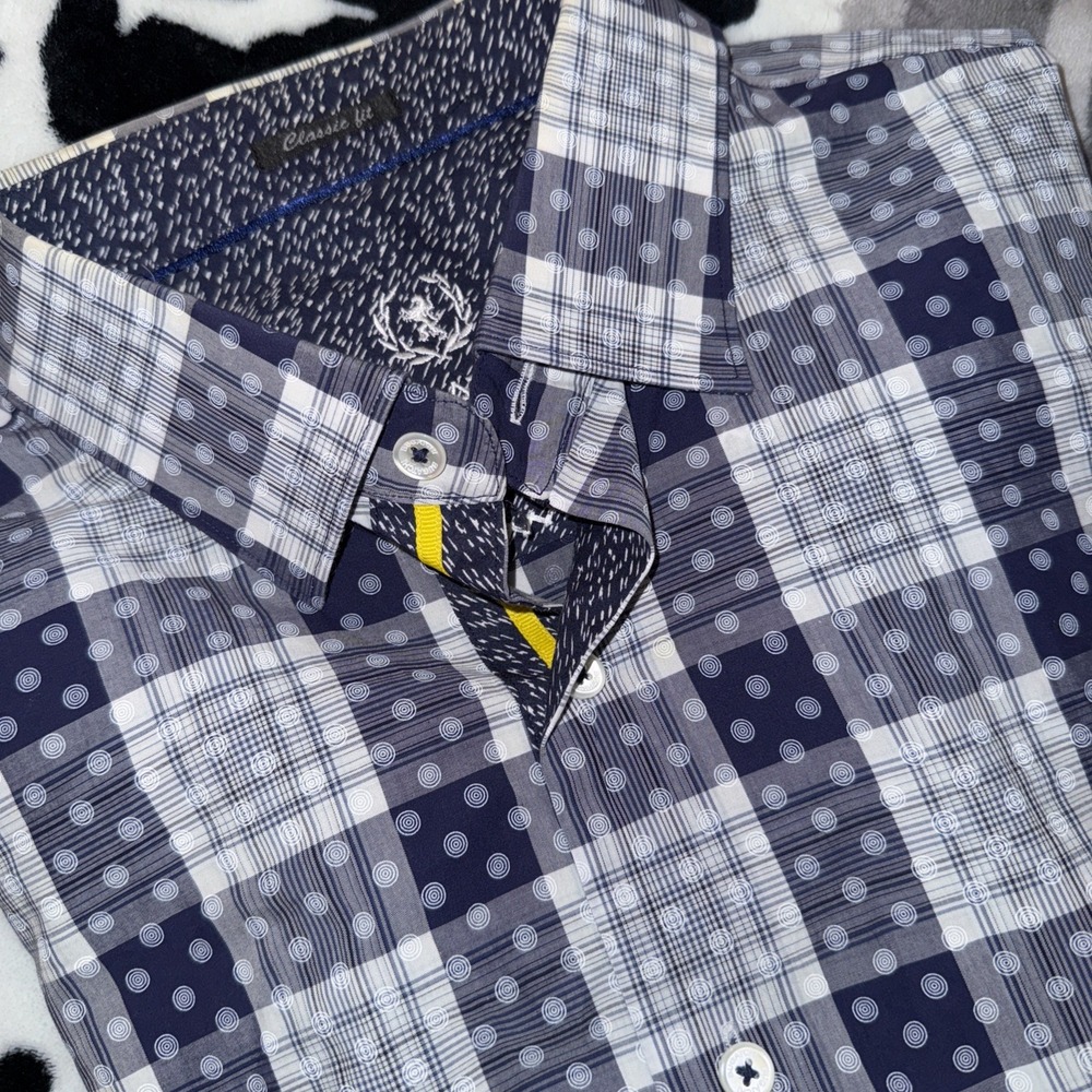 Bugatchi Men's Long Sleeve Button Up Shirt Blue Plaid Polka Dot Long Sleeve XL